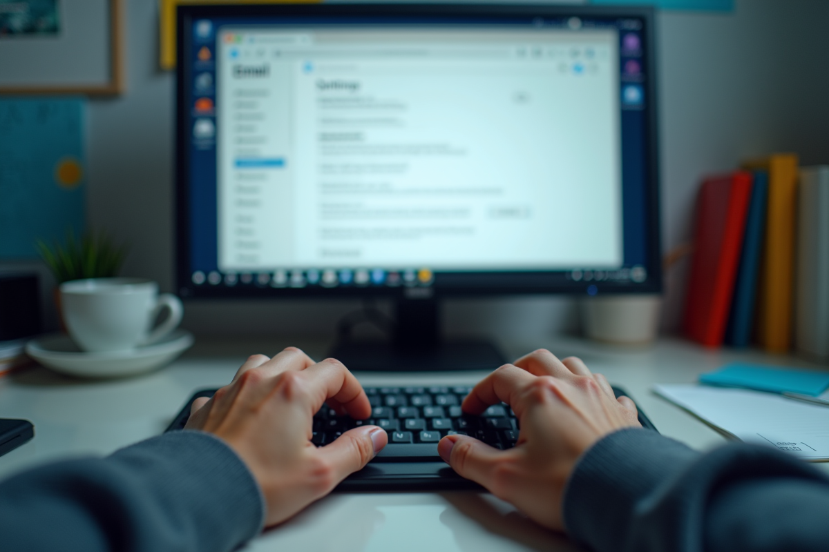 Mains tapant sur un clavier avec un écran d
