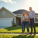 Maison moderne avec couple agent immobilier en extérieur