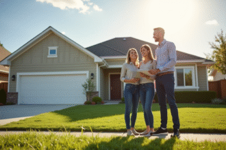 Maison moderne avec couple agent immobilier en extérieur