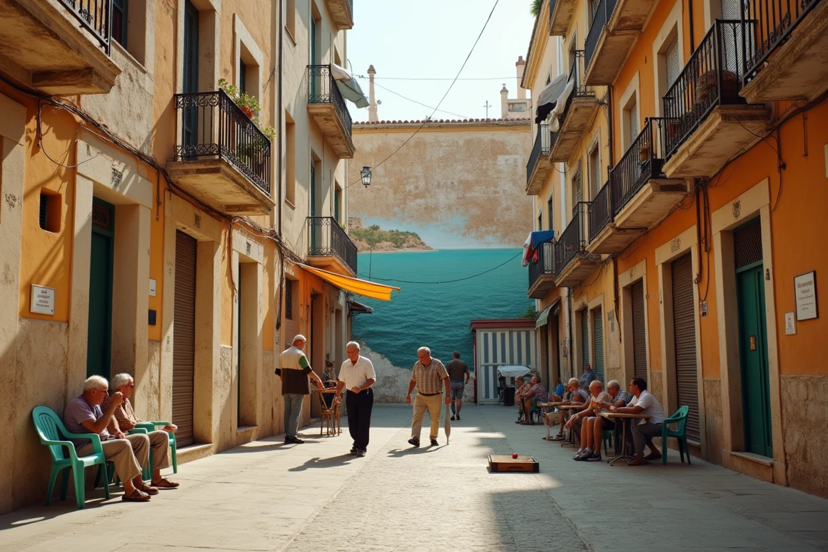 Ruelle du quartier Noailles à Marseille avec linge séchant entre les façades et joueurs de pétanque