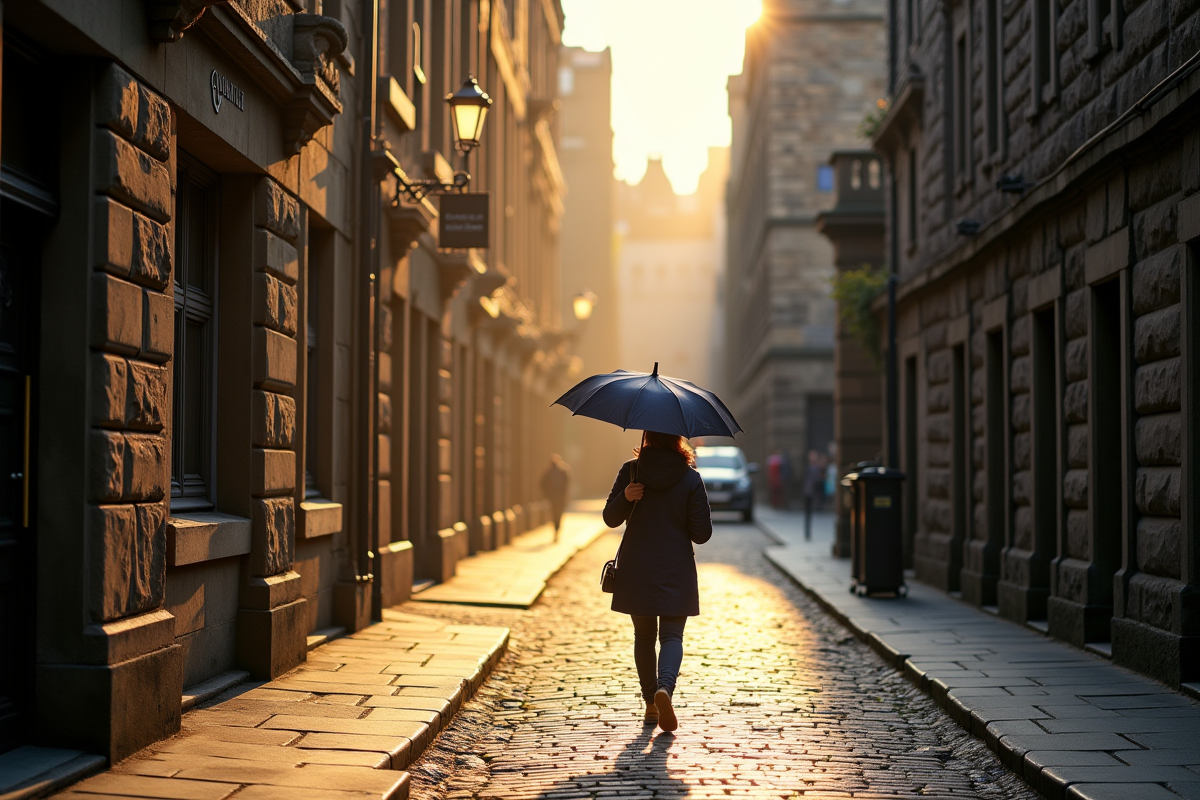 Matin calme à Edimbourg avec personne sous un parapluie