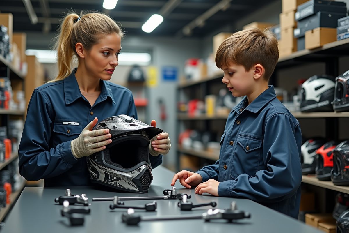 Femme mécanicienne montrant un casque motocross à un jeune garçon