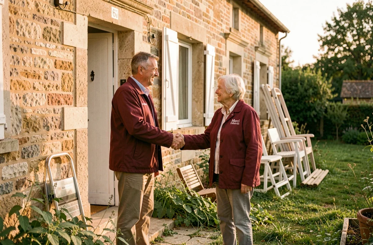 Employé de Merci Débarras serrant la main d'une propriétaire devant une ferme girondine