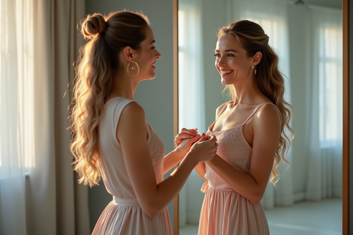 Styliste professionnel prenant les mesures d'une femme souriante dans un studio moderne