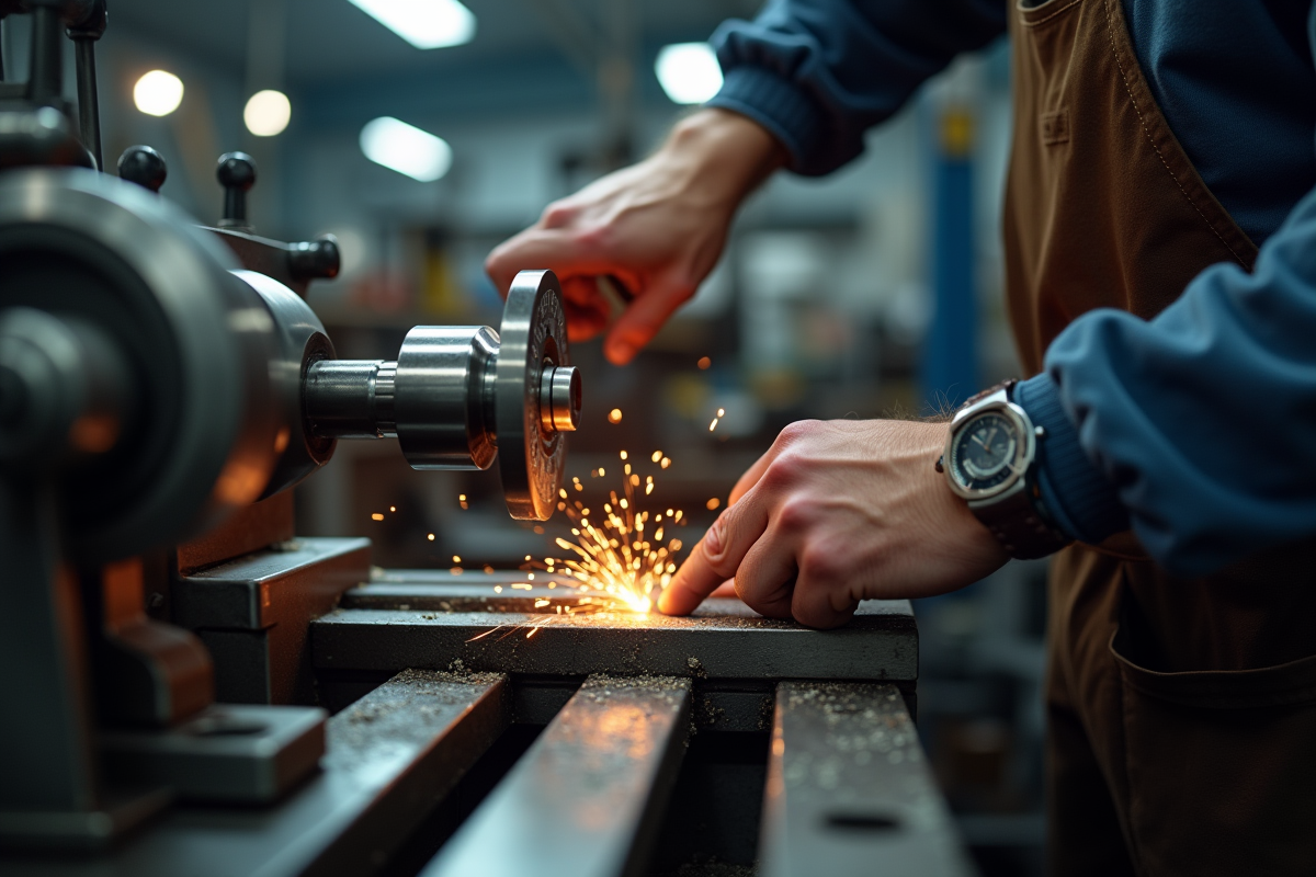 Mains d’un artisan utilisant un tour métallique dans un atelier moderne