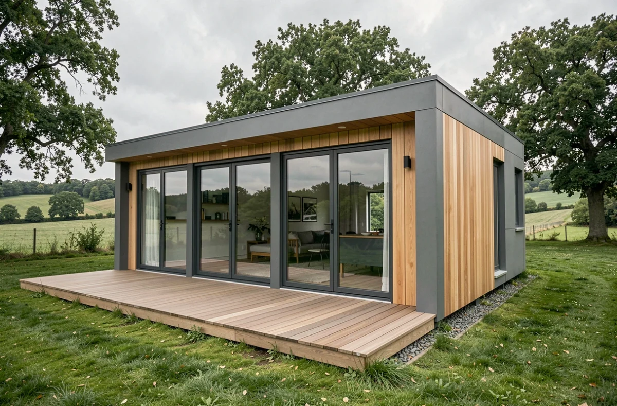 Mobil-home haut de gamme français aux lignes architecturales modernes installé dans un cadre verdoyant de la campagne française