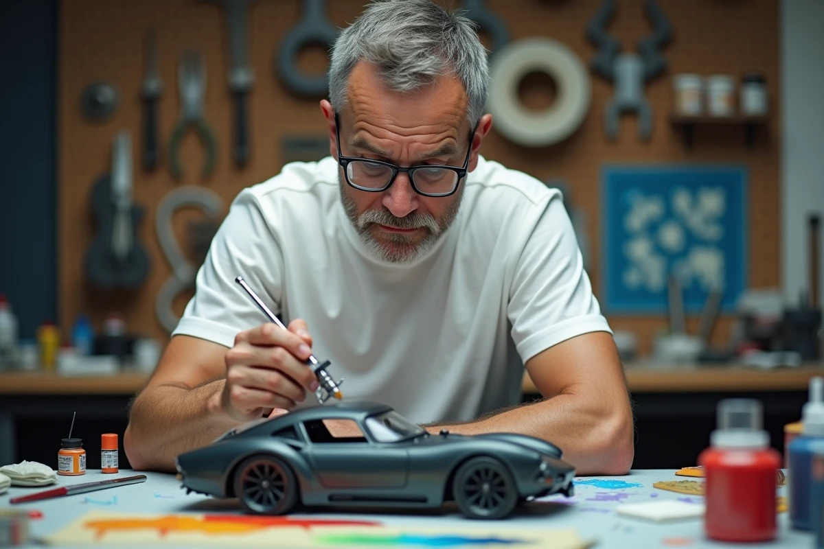 Homme appliquant peinture sur modèle de voiture en hobby