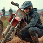 Jeune pilote motocross ajustant un échappement performant