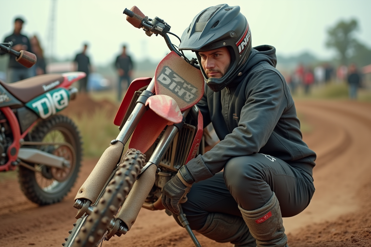 Jeune pilote motocross ajustant un échappement performant