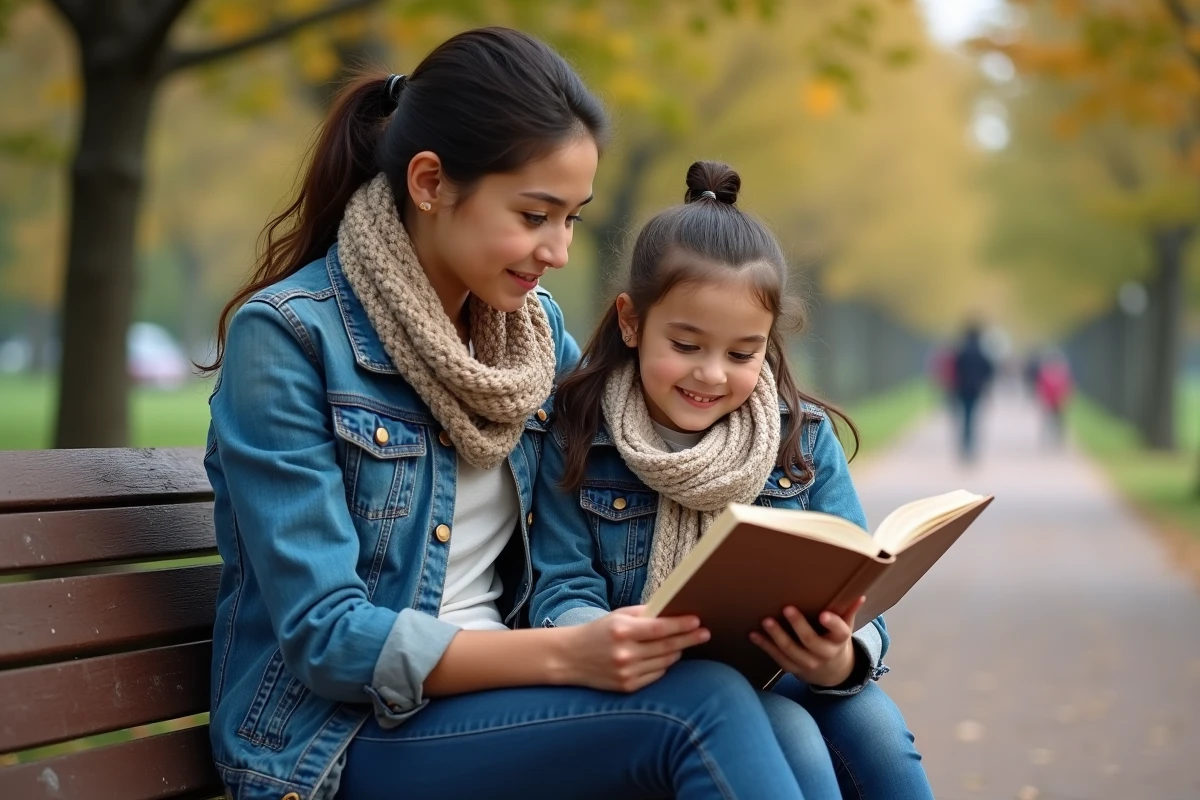Mère et fille lisant un livre dans un parc