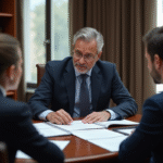 Notaire âgé expliquant des documents à un couple