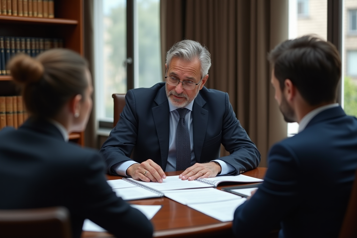 Notaire âgé expliquant des documents à un couple