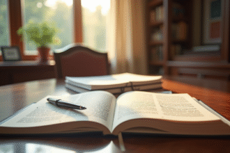 Office de notaire bien éclairé avec livre de code civil ouvert