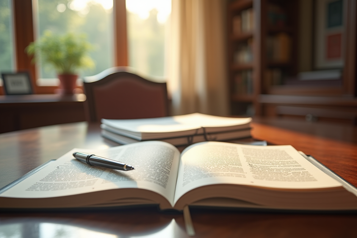 Office de notaire bien éclairé avec livre de code civil ouvert