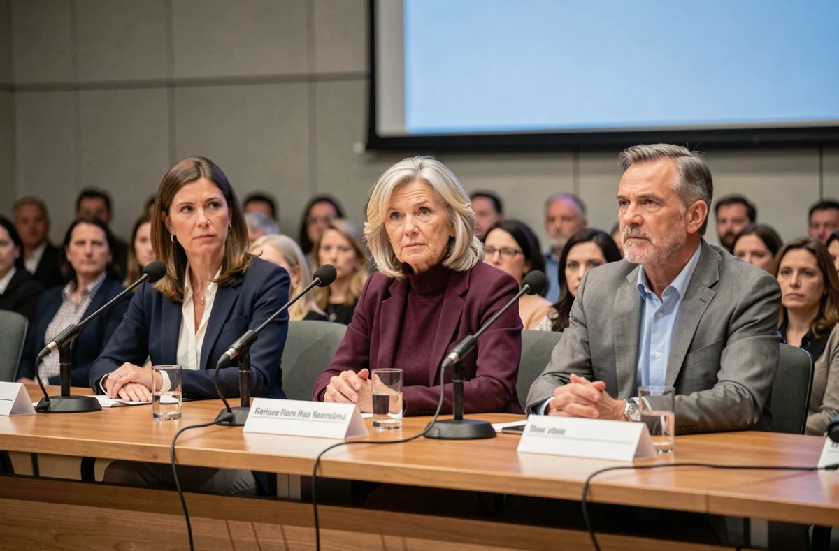 Panel de débatteurs lors d'un forum public sur une personnalité politique, représentant un échange démocratique et serein