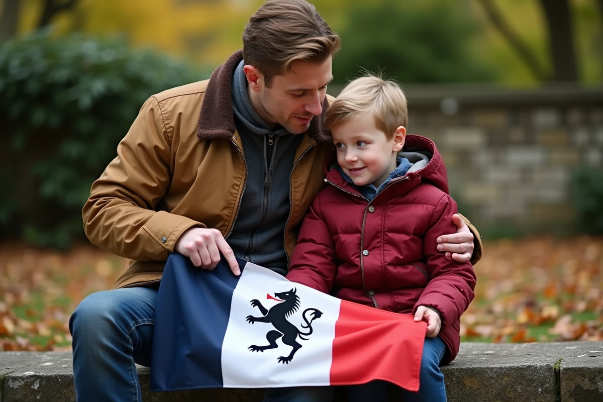 Père et enfant avec drapeau breton dans un parc
