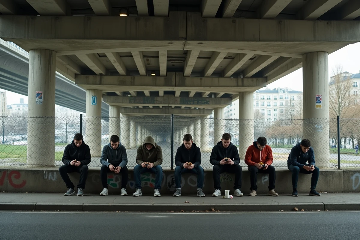 Jeunes hommes sous un pont du périphérique parisien dans une zone urbaine dégradée