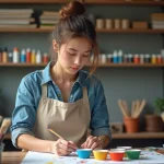 Jeune femme peignant avec aérographe dans son atelier