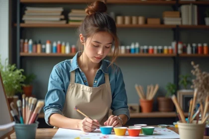 Jeune femme peignant avec aérographe dans son atelier