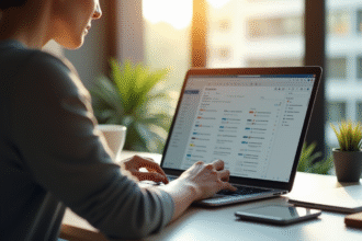 Personne organisant ses emails sur un ordinateur lumineux