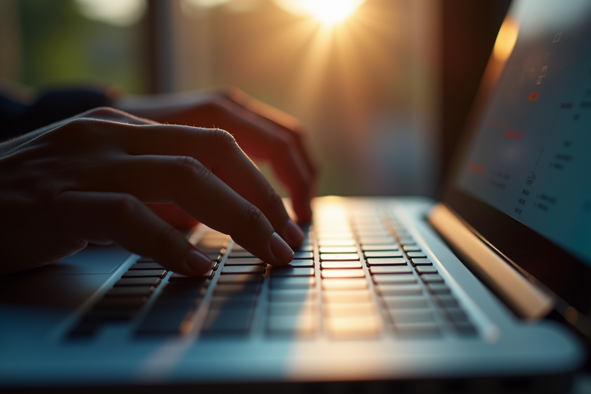 Mains tapant sur un clavier avec touche barre verticale en lumière