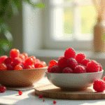 Table de petit déjeuner avec fruits rouges frais et rambutan