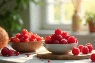 Table de petit déjeuner avec fruits rouges frais et rambutan