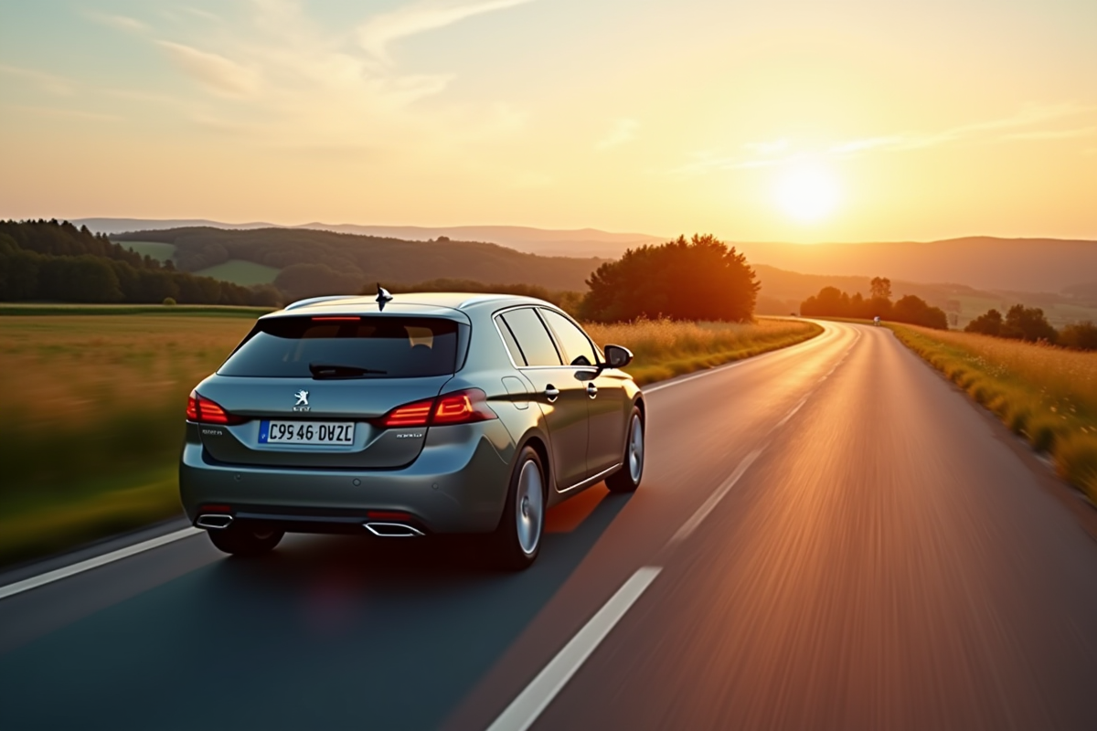 Peugeot 308 hybride en mouvement en campagne au coucher du soleil