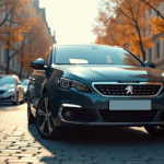 Voiture Peugeot 308 hybride en ville ensoleillée