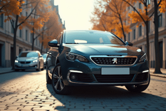 Voiture Peugeot 308 hybride en ville ensoleillée