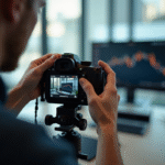 Photographe ajustant l'écran LCD d'un appareil en studio lumineux