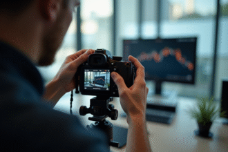Photographe ajustant l'écran LCD d'un appareil en studio lumineux