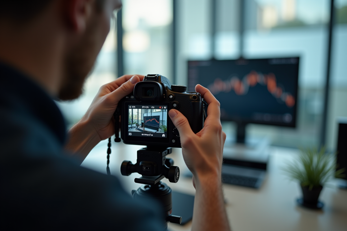 Photographe ajustant l'écran LCD d'un appareil en studio lumineux
