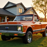 Pick-up d'occasion devant maison de banlieue au lever du soleil