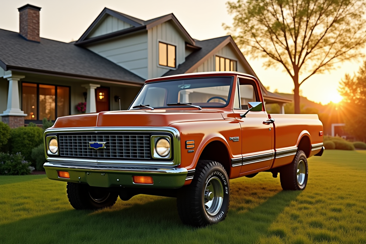 Pick-up d'occasion devant maison de banlieue au lever du soleil