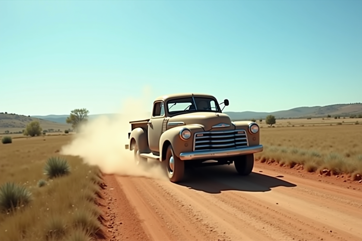 Vieux pick-up roulant sur chemin rural en campagne