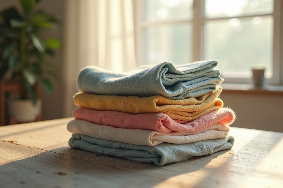Pile de vêtements vintage pliés sur une table propre