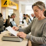 Femme déposant une enveloppe sur une balance postale dans un bureau de La Poste pour vérifier le poids avant envoi en Lettre verte 2026