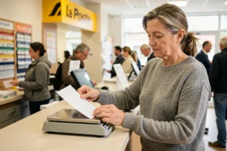 Femme déposant une enveloppe sur une balance postale dans un bureau de La Poste pour vérifier le poids avant envoi en Lettre verte 2026