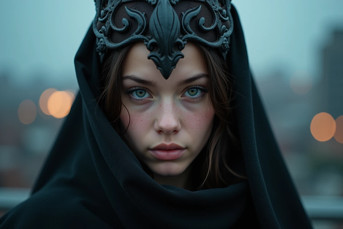 Portrait rapproché d'une jeune femme en coiffe fantastique aux ornements d'obsidienne évoquant les flammes