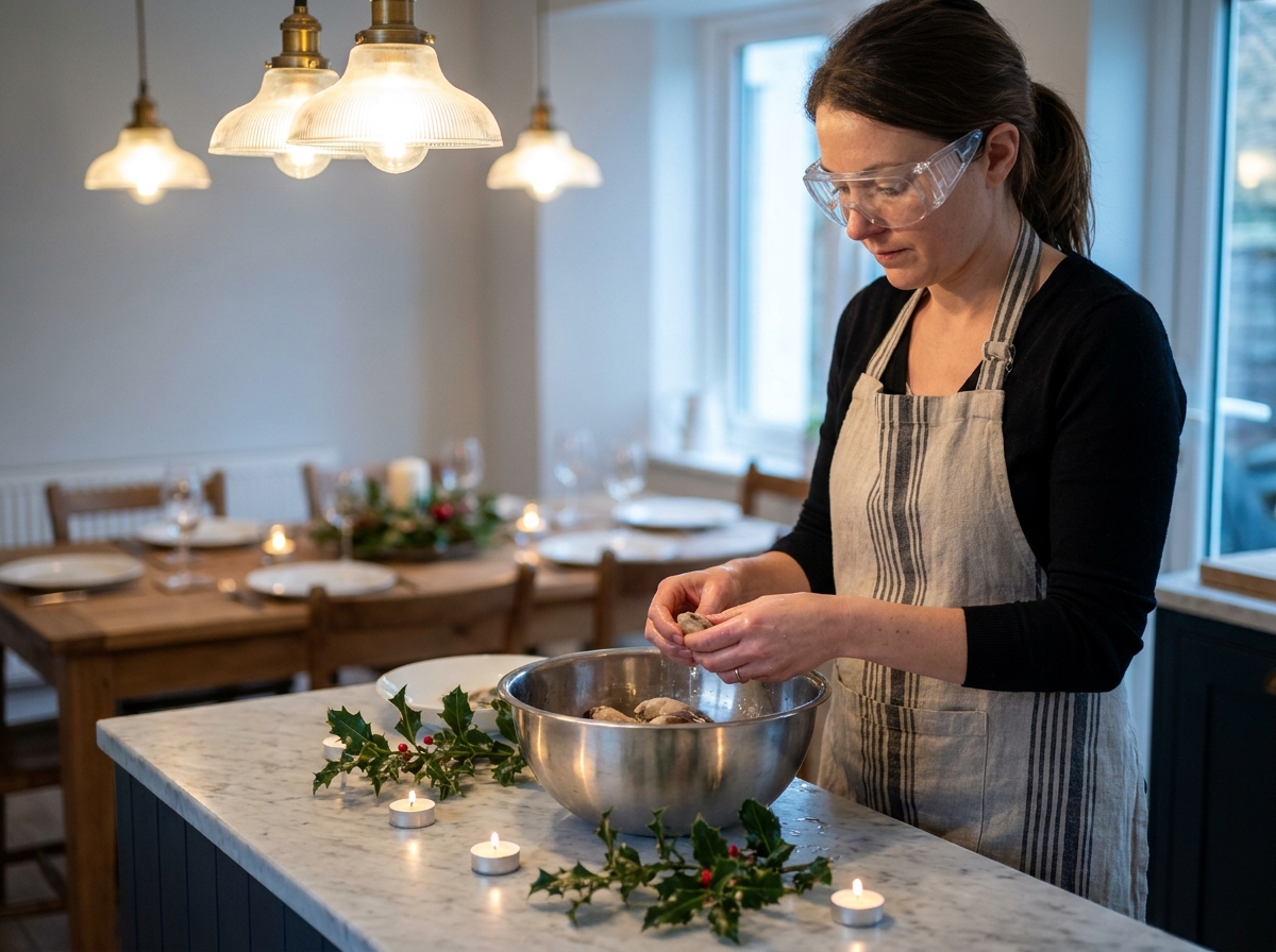 Jeune femme équipée de lunettes de protection préparant des fruits de mer frais pour un repas de fêtes sur un plan de travail en marbre décoré