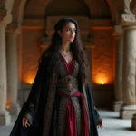 Cosplayeuse en costume de princesse des flammes noires dans un temple en pierre ancienne aux runes gravées