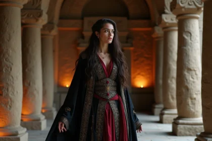 Cosplayeuse en costume de princesse des flammes noires dans un temple en pierre ancienne aux runes gravées