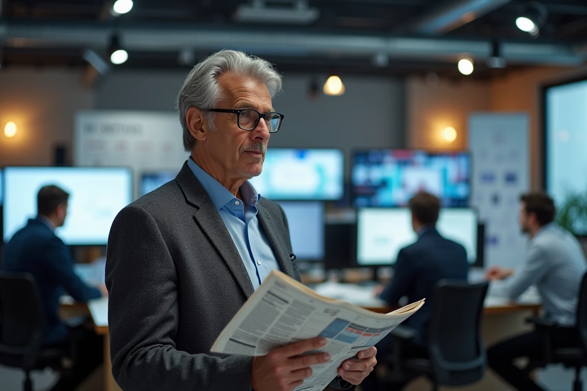 Professionnel des médias debout dans une salle de rédaction moderne discutant avec un collègue