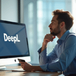 Professionnel réfléchi utilisant deepl au bureau lumineux