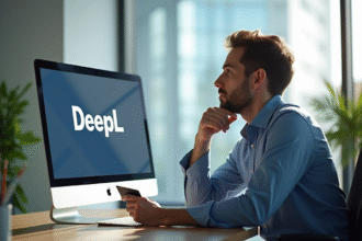 Professionnel réfléchi utilisant deepl au bureau lumineux