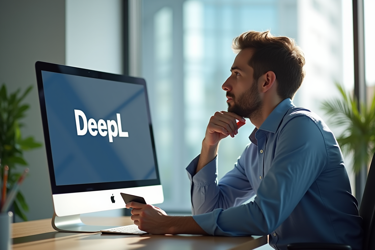 Professionnel réfléchi utilisant deepl au bureau lumineux