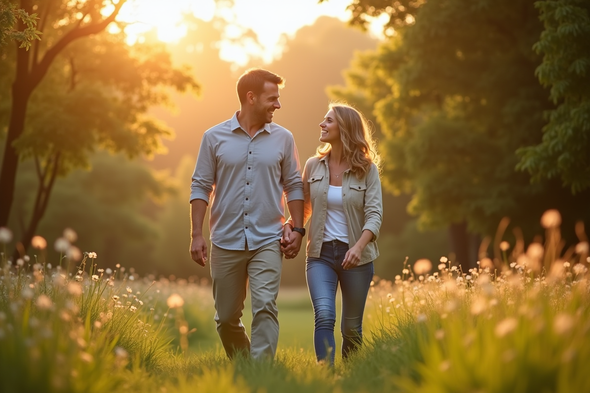 Couple marchant dans un parc au coucher du soleil