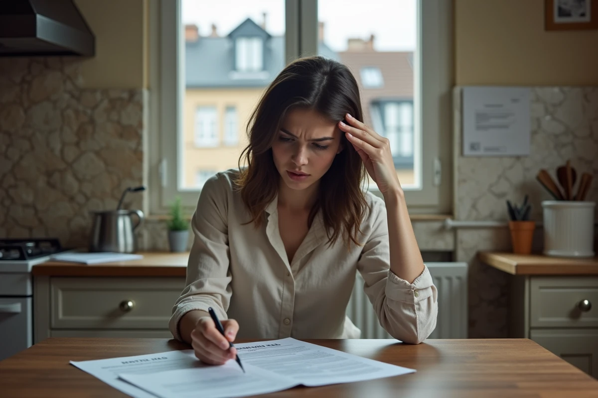 Femme stressée consultant des documents de diagnostic électrique obligatoire à Bordeaux avant une vente immobilière