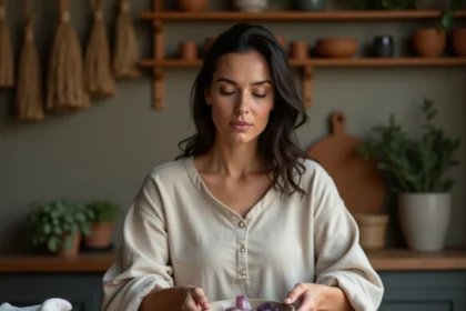 Femme purifiant des cristaux d'améthyste et de quartz rose dans un bol en céramique rempli d'eau, suivant une tradition ancienne de purification des pierres